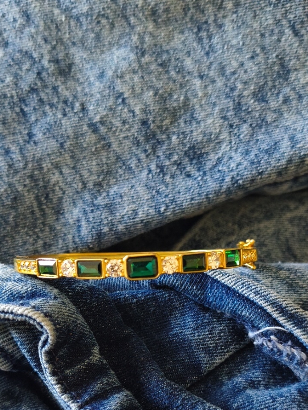 Very Nice Goldtone Bangle With Rhinestones And Green stones
